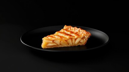 Poster - Delicious slice of freshly baked apple pie on a sleek black plate showcasing its golden crust and tender apple filling