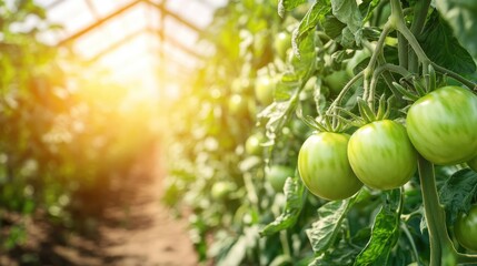 Poster - Fresh green tomatoes on the vine in a greenhouse with soft sunlight and a blurred background ideal for advertising and promotional usage