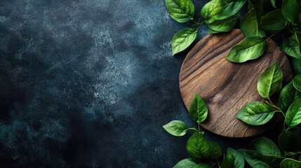 Poster - Botanical green layout with wooden coaster and foliage for health beauty or culinary themes natural backdrop with copy space