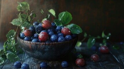 Poster - Vibrant assortment of fresh berries in a rustic bowl with mint leaves and water droplets on a wooden surface. Perfect for healthy lifestyle concepts.