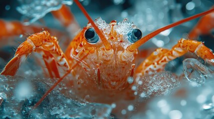 Poster - Freshly harvested large shrimp displayed on ice with droplets of water, showcasing their vibrant color and freshness for seafood presentation.