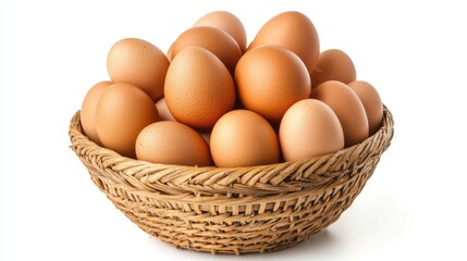 Poster - Fresh brown eggs stacked in a rustic wicker bowl on a white background showcasing their natural texture and color allure