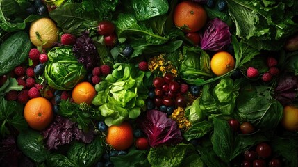 Aufkleber - Vibrant display of fresh organic salad ingredients with a variety of greens fruits and berries arranged artistically on a dark background