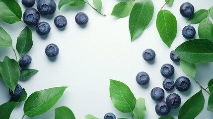 Poster - Blueberries scattered on vibrant green leaves creating a fresh and natural arrangement on a clean white background