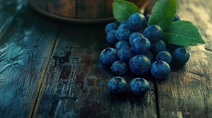 Poster - Blueberries with fresh leaves on rustic wooden table background showcasing natural beauty and healthy food concept