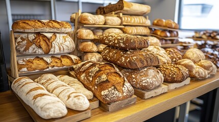 Aufkleber - Variety of fresh artisanal breads displayed on wooden racks in a bakery setting creating a warm and inviting atmosphere