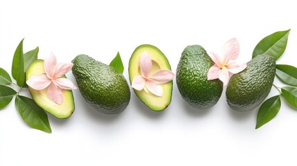 Poster - Fresh avocados sliced open with pink flowers and green leaves arranged on a white background for a vibrant natural presentation