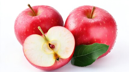 Poster - Red apples with a sliced half showcasing juicy interior and fresh green leaf on a white background highlighting market quality.