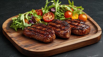 Poster - Grilled beef steak fillet served with fresh green salad and cherry tomatoes on a rustic wooden platter