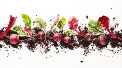 Poster - Freshly harvested beets with soil and green leaves isolated on a white background vibrant healthy ingredient studio photography