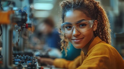 Aufkleber - smiling young woman in lab coat working on robotics project in bright classroom