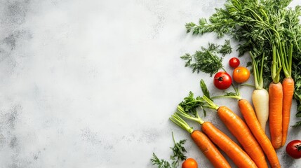 Poster - Colorful assortment of fresh carrots and tomatoes arranged on a light gray background ideal for healthy eating and culinary themes