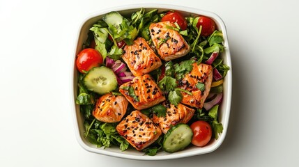 Poster - Vibrant bento box salad featuring tender salmon fresh herbs and vegetables arranged for a clean and inviting presentation