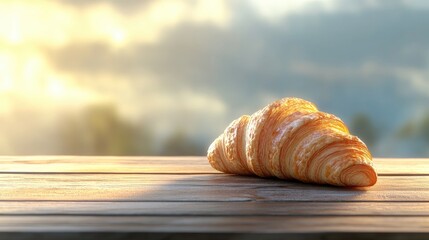 Poster - Golden croissant resting on rustic wooden table with soft sunlight creating a warm and inviting atmosphere in the background