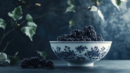 Aufkleber - Elegant bowl of fresh blackberries with dark background and greenery showcasing nature's bounty and rustic charm