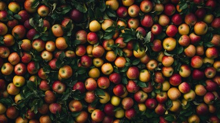 Aufkleber - Vibrant assortment of fresh red and green apples spread on a surface with green leaves creating a colorful natural background design