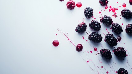 Aufkleber - Blackberries scattered on a light surface with berry juice splashes creating a vibrant and fresh food presentation scene