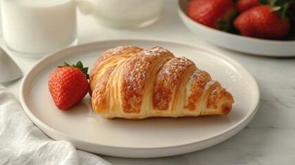 Aufkleber - Homemade Croissant Waffle with Fresh Strawberry on White Plate Breakfast Setting with Milk and Clean Background