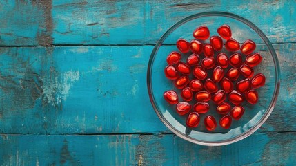 Aufkleber - Vibrant red pomegranate seeds elegantly arranged on a glass plate atop a rustic blue wooden surface.