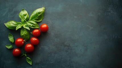 Aufkleber - Fresh basil leaves and ripe cherry tomatoes on dark textured background for culinary and food related concepts.