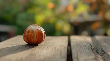 Poster - Freshly harvested brown hazelnut resting on a rustic wooden table with a blurred green background highlighting natural beauty and simplicity
