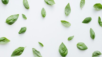 Poster - Fresh basil leaves scattered on a clean white background showcasing vibrant green hues and natural textures for culinary and design use.