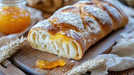 Aufkleber - Rustic loaf of freshly baked bread with a vibrant orange marmalade spread on a wooden serving board garnished with wheat stalks.