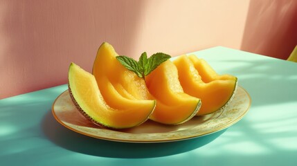 Aufkleber - Sliced cantaloupe served on a decorative plate with fresh mint leaves creating a vibrant and healthy summer snack presentation