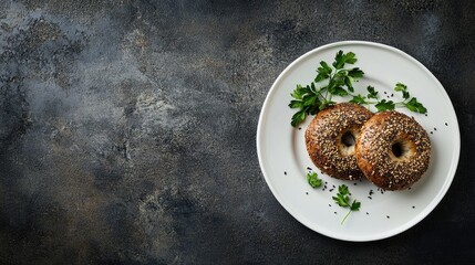 Aufkleber - Freshly baked bagels topped with seeds on a white plate garnished with parsley against a dark textured background