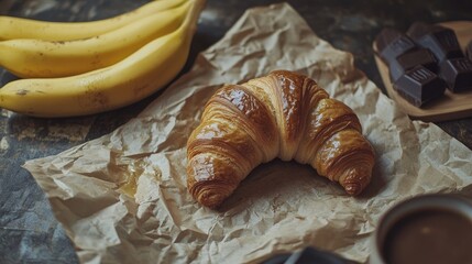 Poster - Delicious Croissant with Chocolate Butter and Bananas on Crumpled Paper Perfect for Breakfast at Cafe or Morning Routine