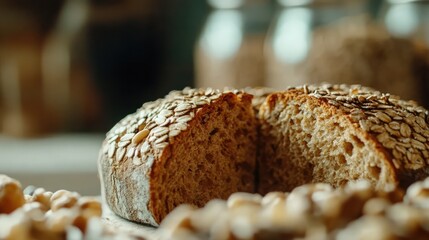 Poster - Healthy whole grain bread with seeds sliced on a rustic table showcasing nutritious ingredients and organic food presentation.