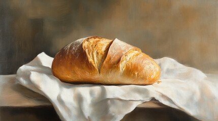 Poster - Artisan bread loaf beautifully displayed on a textured linen cloth highlighting its golden crust and rustic charm.