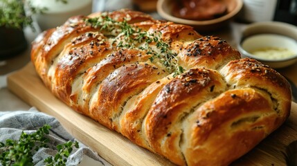Poster - Artisan braided bread loaf garnished with herbs presented on a wooden cutting board in a rustic kitchen setting