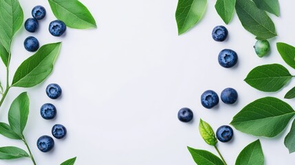 Poster - Blueberries arranged with green leaves on a clean white background creating a fresh and natural frame for food or health themes