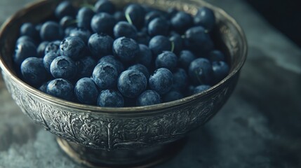 Poster - Freshly harvested blueberries in an antique metal bowl against a rustic background showcasing their vibrant color and texture.