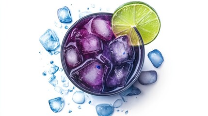 Poster - Refreshing blue pea juice ice tea with lime garnished and ice, top view on a bright surface, perfect for summer beverage promotions.
