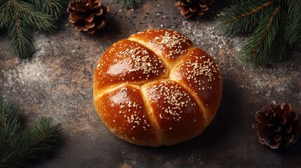 Poster - Freshly baked seed-topped bun surrounded by pine cones and greenery on a rustic background showcasing delicious baked goods.