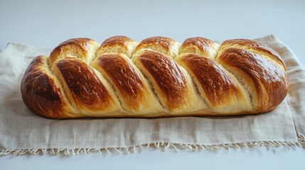 Fototapete - Artisan braided loaf of fresh bread resting on a natural linen cloth showcasing texture and golden crust ideal for food photography.