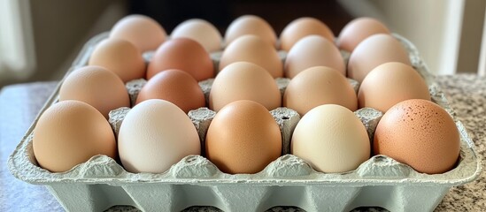 Poster - Organic farm-fresh chicken eggs in a carton showcasing various natural colors and farm-to-table quality in a rustic kitchen setting