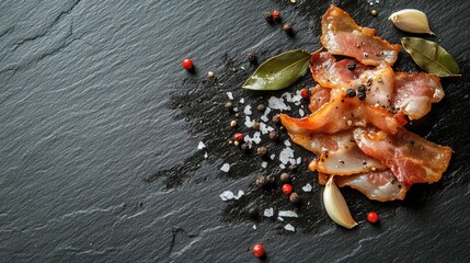 Poster - Savory bacon slices seasoned with garlic, peppercorns, and bay leaves arranged elegantly on a textured slate surface for culinary delight