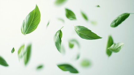 Aufkleber - Fresh basil leaves floating gracefully against a soft light background, symbolizing culinary freshness and natural ingredients.