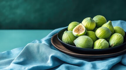Poster - Ripe sweet green figs in a black bowl on wooden plate with blue tablecloth showcasing seasonal organic fruit freshness and elegance