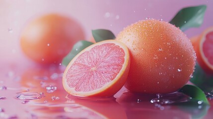 Poster - Vibrant juicy grapefruit with sliced segment glistening in light droplets surrounded by lush green leaves on a soft pastel background