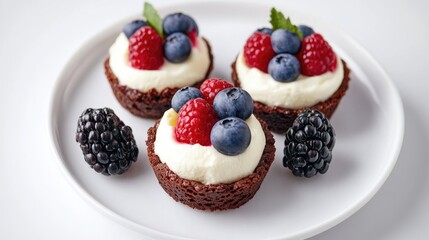 Aufkleber - Fresh berry and ricotta cheese tartlets on a white plate Healthy breakfast concept with vibrant colors and top view presentation