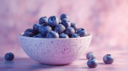 Poster - Bowl of fresh blueberries on a soft pink background showcasing vibrant colors and textures for healthy eating and food photography themes