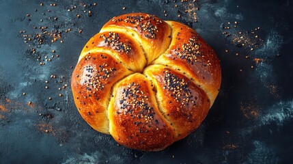 Poster - Freshly baked seed-topped bread on dark textured surface showcasing a rustic and appetizing top view presentation