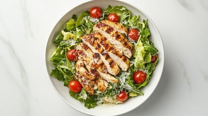 Poster - Crispy Caesar salad topped with grilled chicken and cherry tomatoes served in a white bowl on a marble background