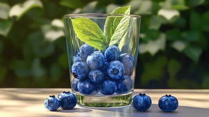 Aufkleber - Vibrant blueberries in a glass with leaves against a soft light background showcasing freshness and natural beauty.