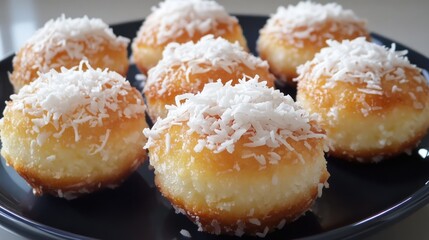 Poster - Coconut topped cake donuts arranged on a black plate showcasing their delicious texture and appealing appearance