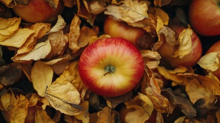 Aufkleber - Fresh apple surrounded by dried autumn leaves and apples, highlighting the contrast between freshness and decay in nature.